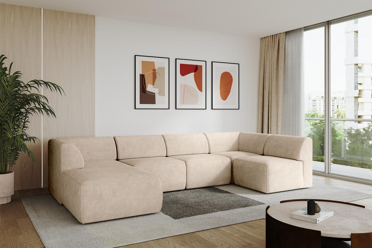 WOHNLANDSCHAFT Ottomane Links MOVA 345x180x78 Beige Samt - Beige/Schwarz, Holzwerkstoff/Kunststoff (180/78/345cm) - ALTDECOR