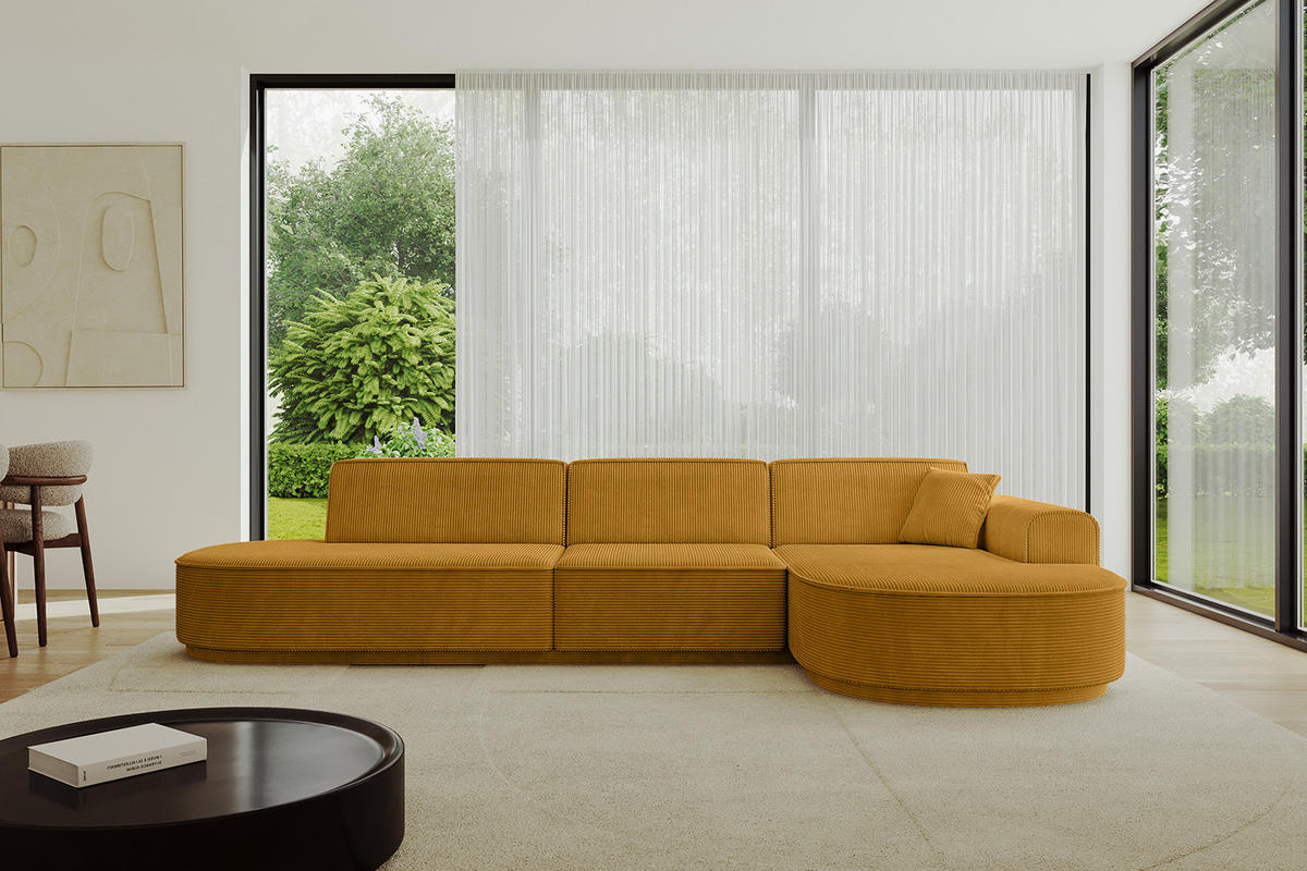 ECKSOFA Ottomane Rechts MARI-L2 - 317x163x81 cm Senfgelb Cord - Gelb/Schwarz, Holzwerkstoff/Kunststoff (317/163cm) - ALTDECOR