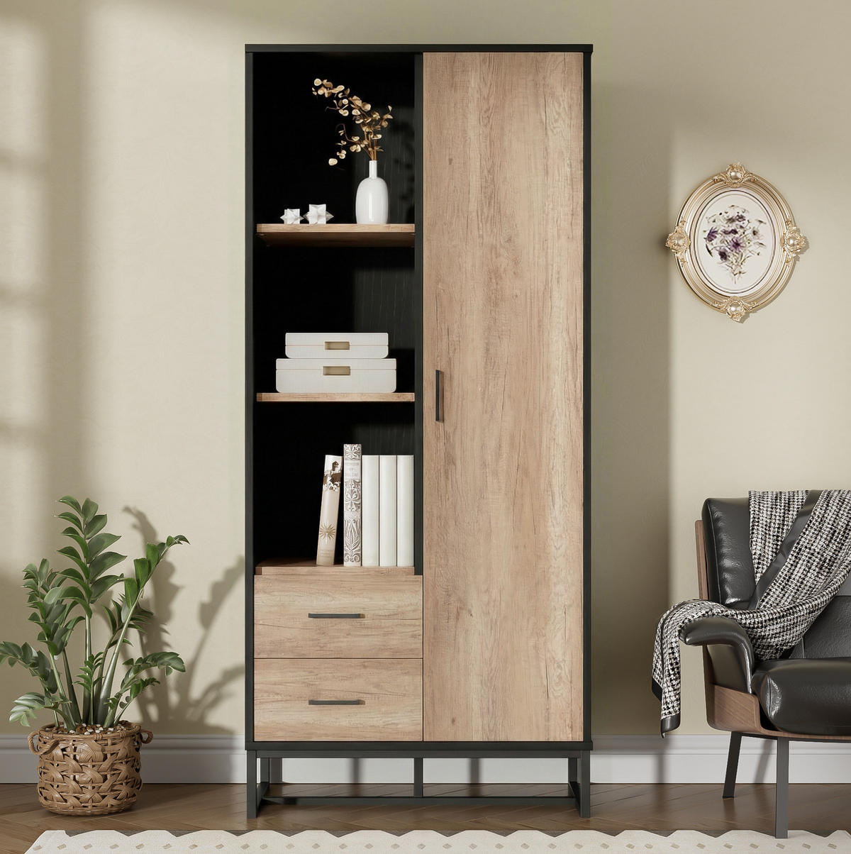 HIGHBOARD 80/40/180 cm in Holzoptik und Schwarz mit 2 Schubladen und 3 offenen Fächern - Schwarz, Holzwerkstoff (80/180/40cm) - Flora Grace