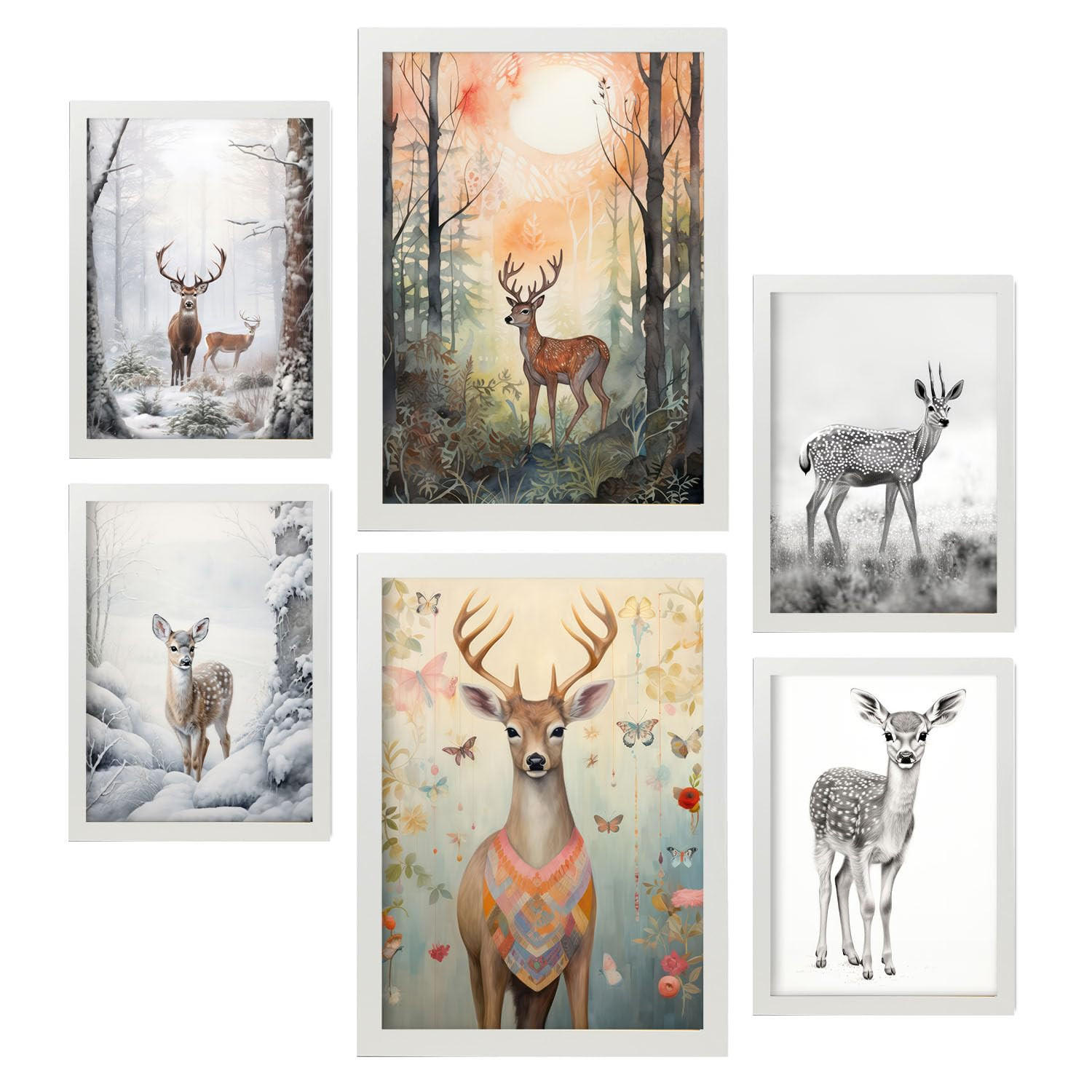 POSTER Set Mit 6 Hirsche A3 & A4 Weißer Rahmen - Weiß, Papier (29/3cm) - Nacnic