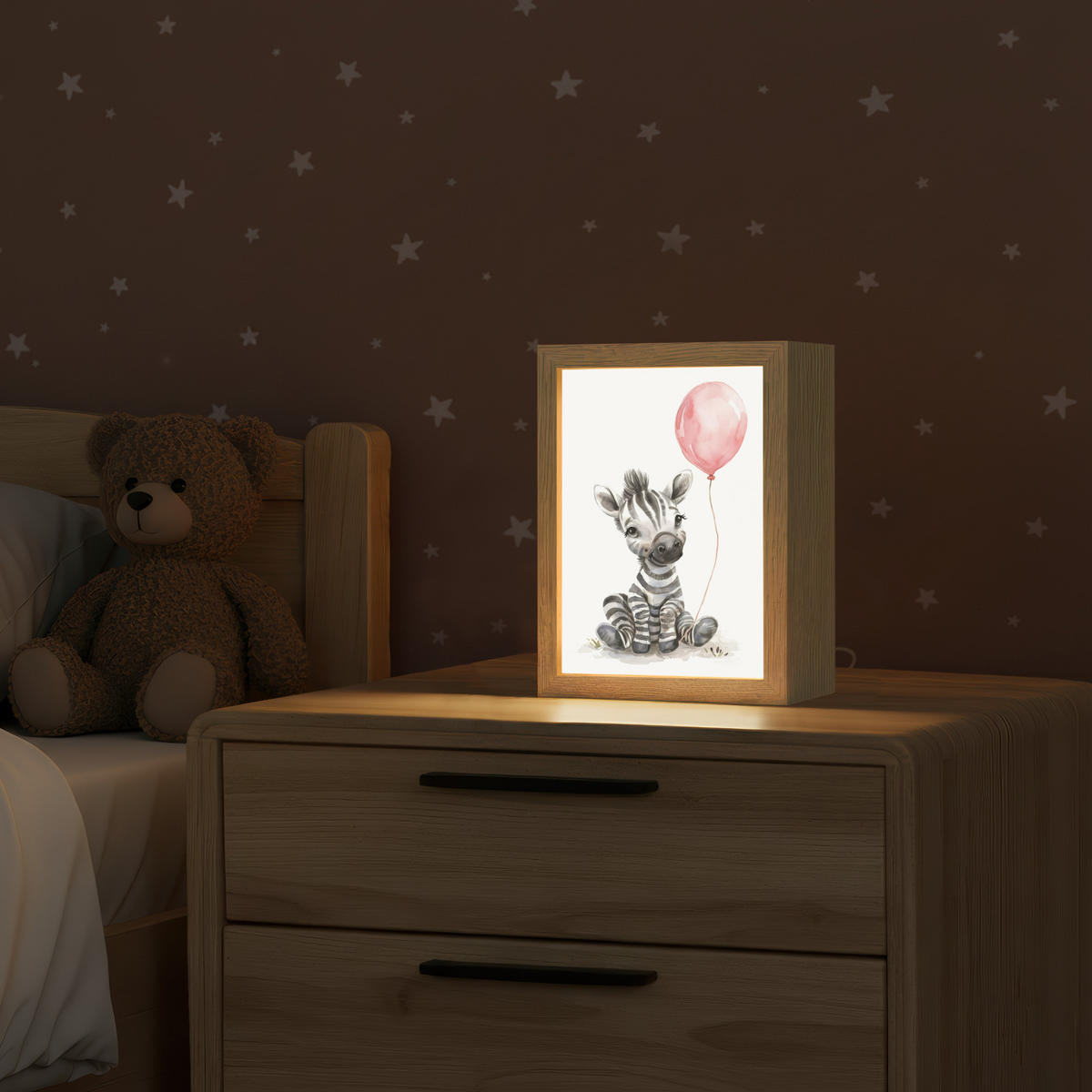 NACHTTISCHLAMPE Zebra - Baby - Tiere - Rosa Luftballon 15x20 cm - Weiß, Holzwerkstoff (8/15/20cm)