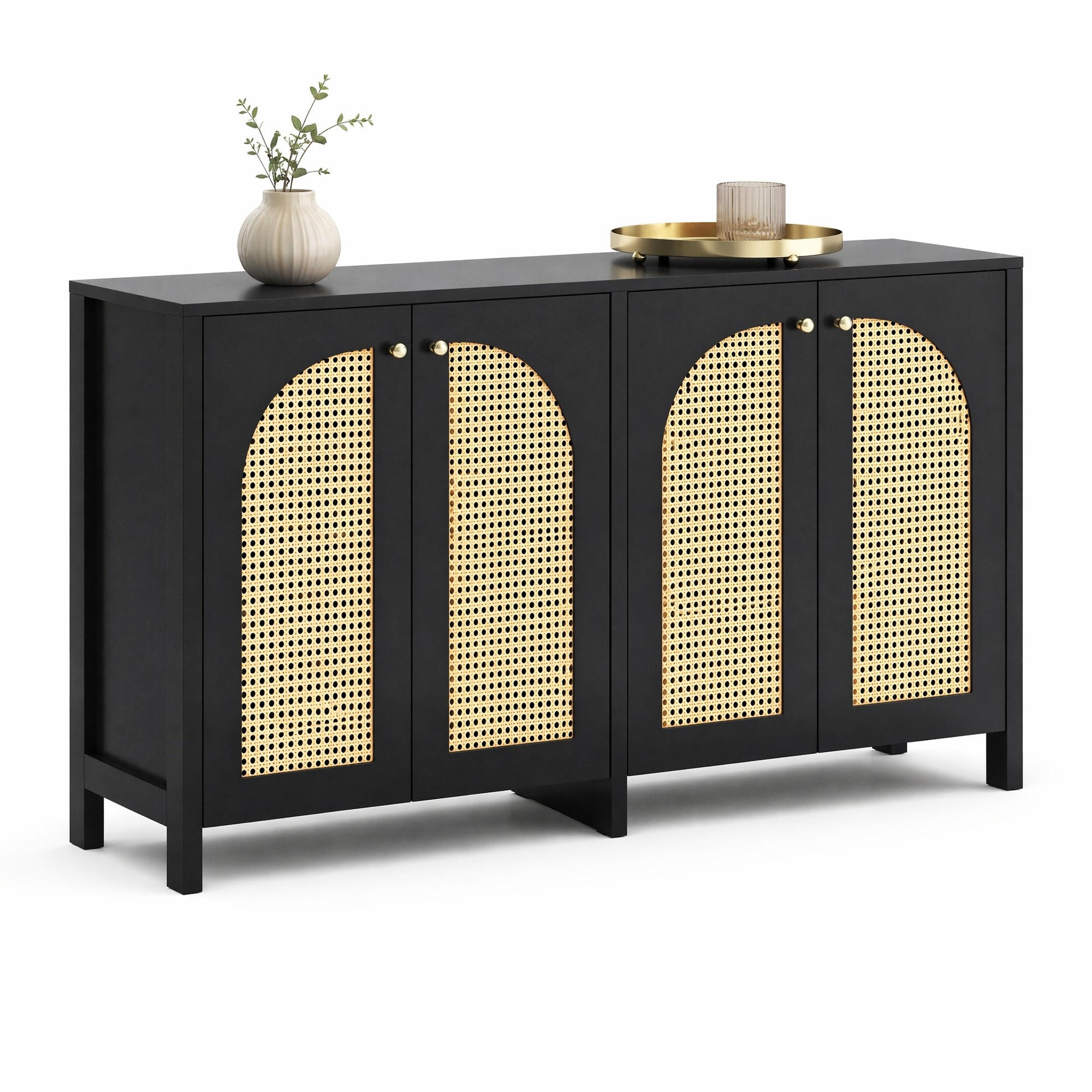 KUCHYŇSKÁ SKŘÍŇ přírodní a černá, 4 ratanová dvířka, do jídelny, kuchyně a obývacího pokoje, 145×80×40 cm - přírodní/černá, kov/kompozitní dřevo (145/80/40cm) - STILVORA