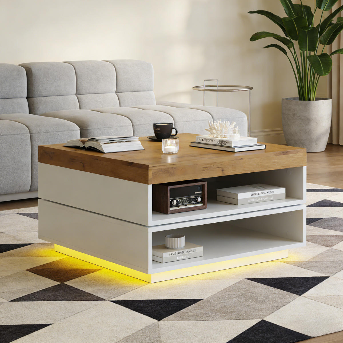 COUCHTISCH 65/65/40 cm weiß und eichefarben aus MDF mit 360° drehbarer Tischplatte und LED - Weiß, Holzwerkstoff (65/65/40cm) - OKWISH