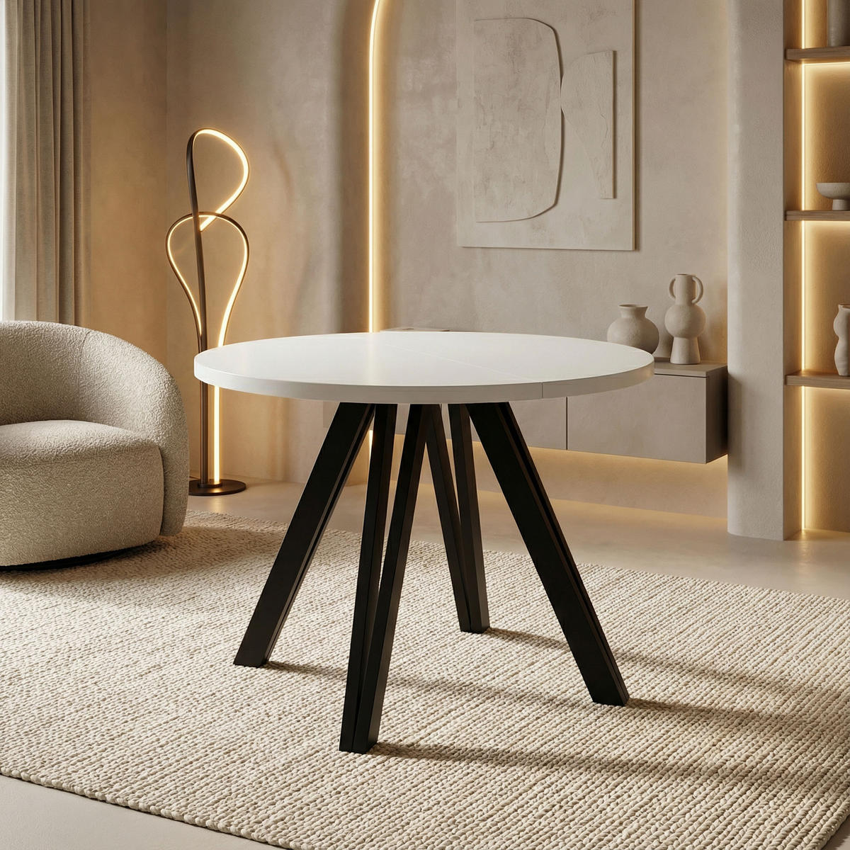 ESSTISCH Ravero runder ausziehbarer, Weiß 100-180/100/77 cm - Schwarz/Weiß, Holz/Holzwerkstoff (100/100/77cm) - WFL GROUP