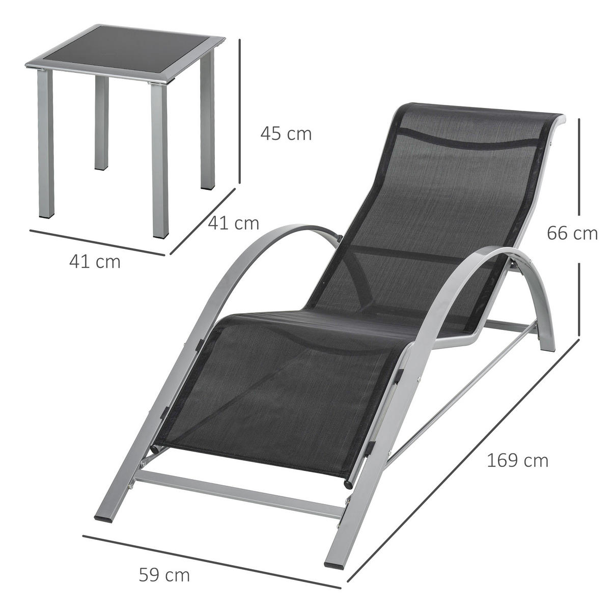 GARTENLIEGE mit Tisch, 59L x 169B x 66H cm, Metall,Mesh, Schwarz+Silber - Schwarz, Kunststoff (59/66/169cm) - Outsunny