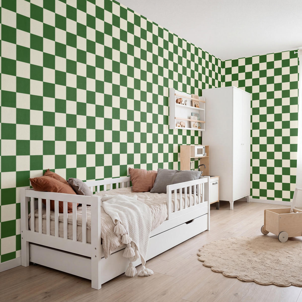 KINDERTAPETE - Schachbrett - Muster - Grün - 500x220 cm - Grün, Papier (500/220cm) - OnlyWow