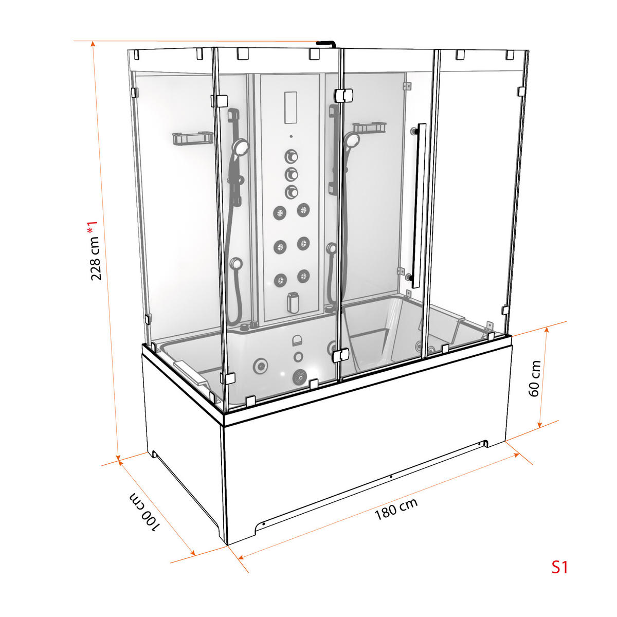 BADEWANNE Dusche K80-SW-TH-A-SC-EA Duschtempel - Schwarz, Glas/Kunststoff (100/180/228cm) - AcquaVapore by Sandra Jentho
