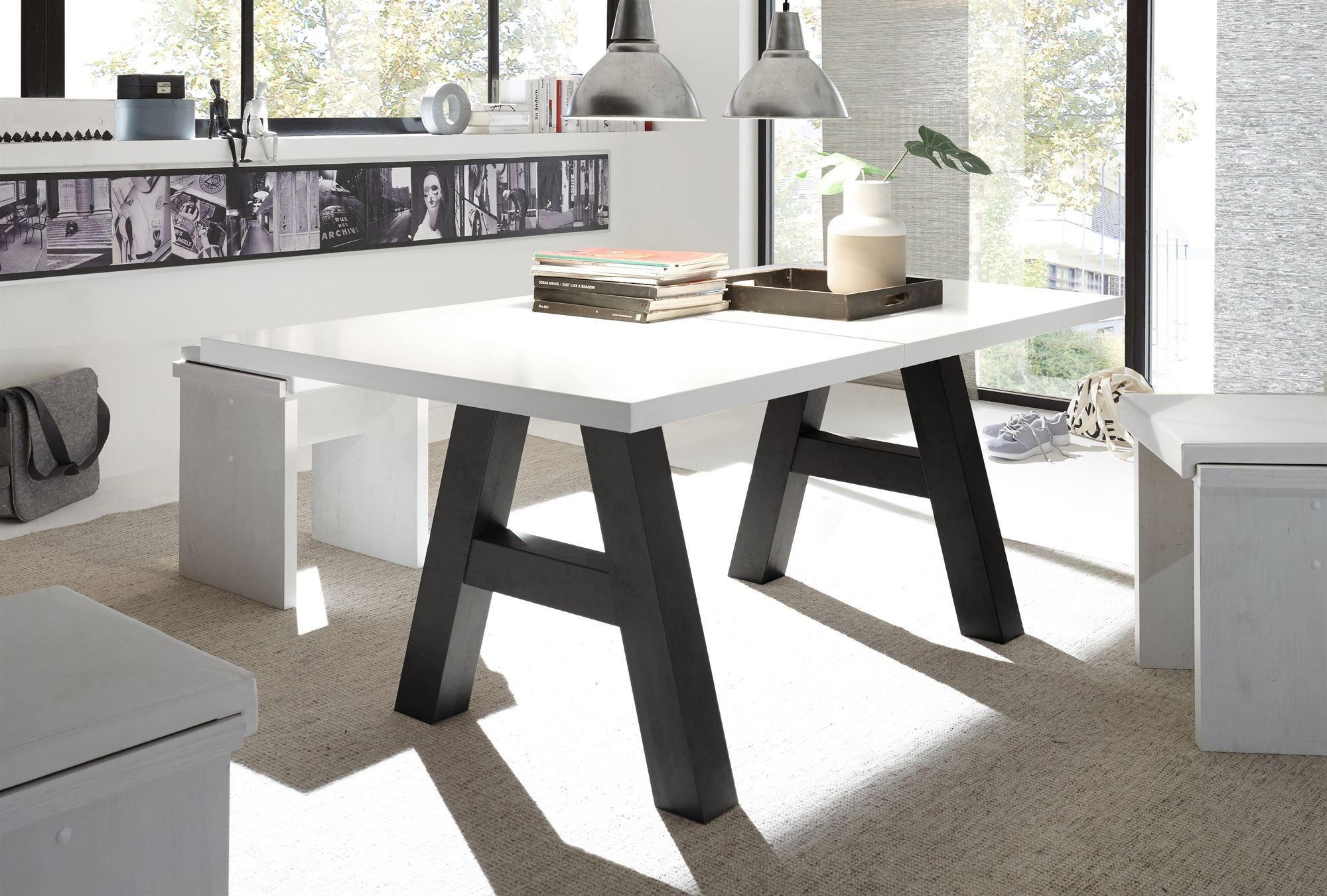 ESSTISCH ausziehbar Elia 7 140 x 90 x 75 Esszimmertisch Schwarzstahl/Weiß Matt Lack - Weiß, Holz (140/90/75cm) - 58aufmkessel