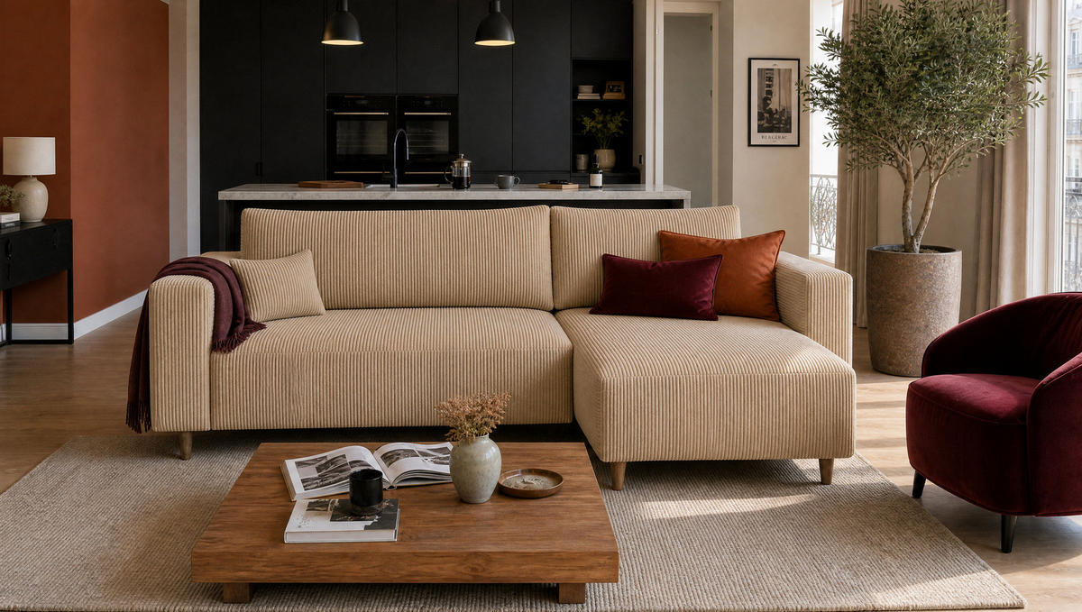 ECKSOFA mit Schlaffunktion und Bettkasten Rio, Ecksofa Cordstoff Beige, Ottomane Universal, 249x142 cm - Beige, Textil (249/142cm) - Marpur