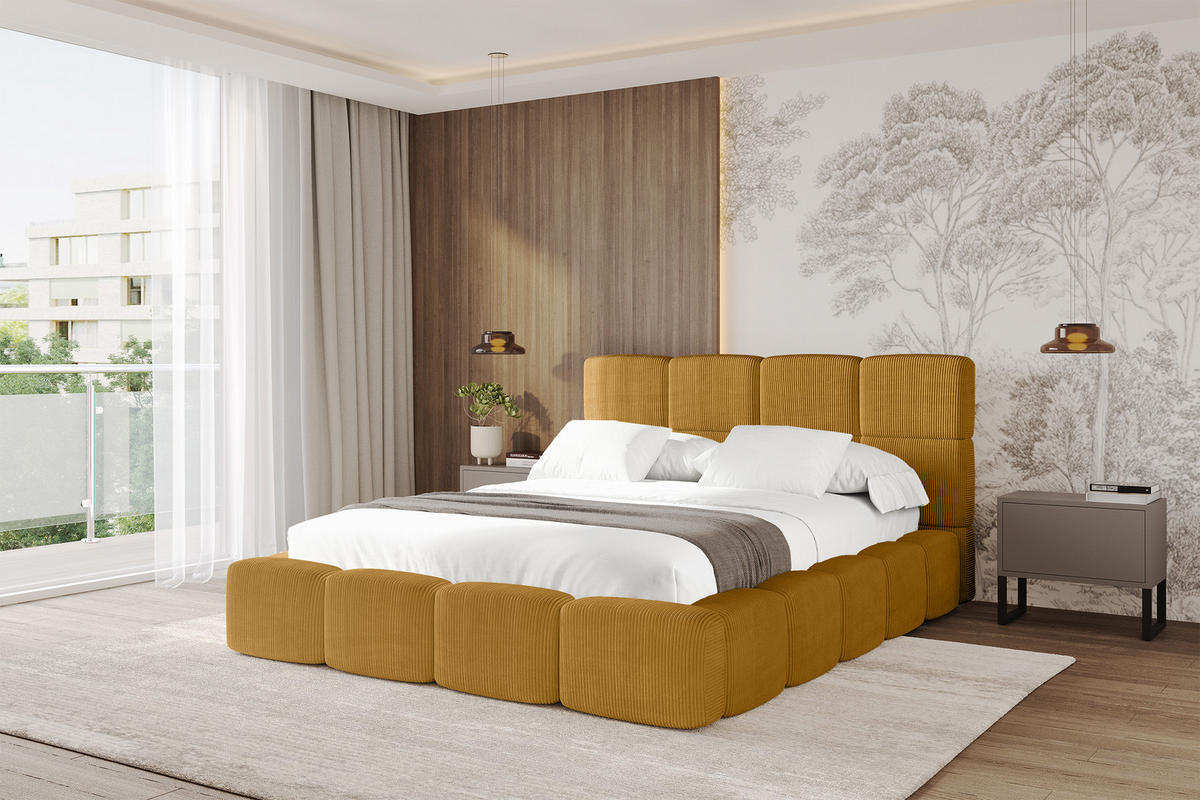 POLSTERBETT mit Bettkasten und Lattenrost, Bett mit Matratze H3/H4, Kopfteil, Boxbett, Doppelbett mit Stauraum - NATA 120x200 Senfgelb - Kupferfarben, Holzwerkstoff/Textil (120/200cm) - ALTDECOR