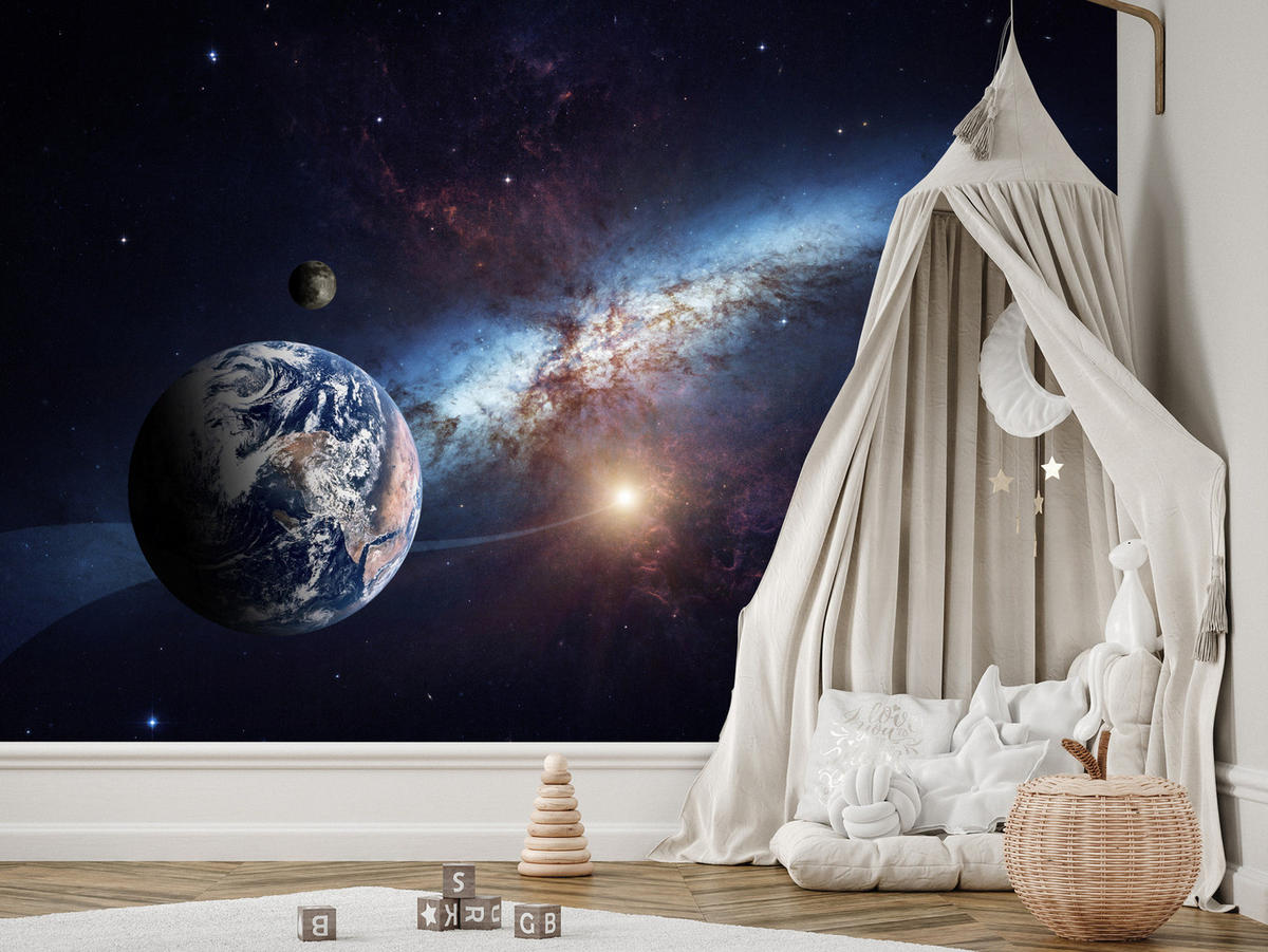 FOTOTAPETA Pre Detskú Izbu Planéty Galaxia Kozmos Hmlovina 500 x 350 cm - biela/fialová, papier (500/350cm) - Muralo