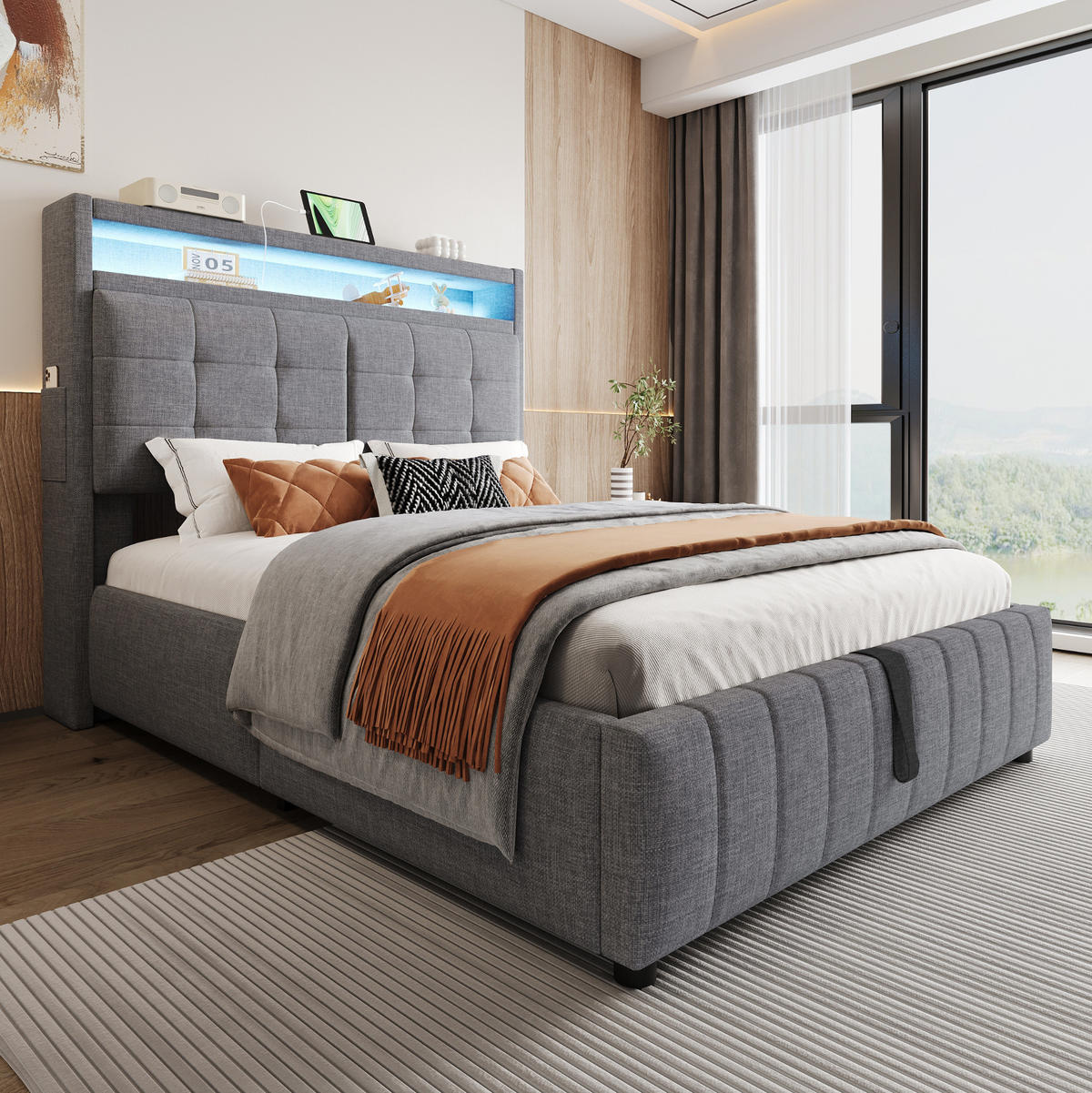 POLSTERBETT 140/200 cm aus Leinenstoff mit LED-Beleuchtung, USB-Anschluss, Stauraum und Kopfteil mit Ablagen, Grau - Grau, Textil (140/200cm) - Redom