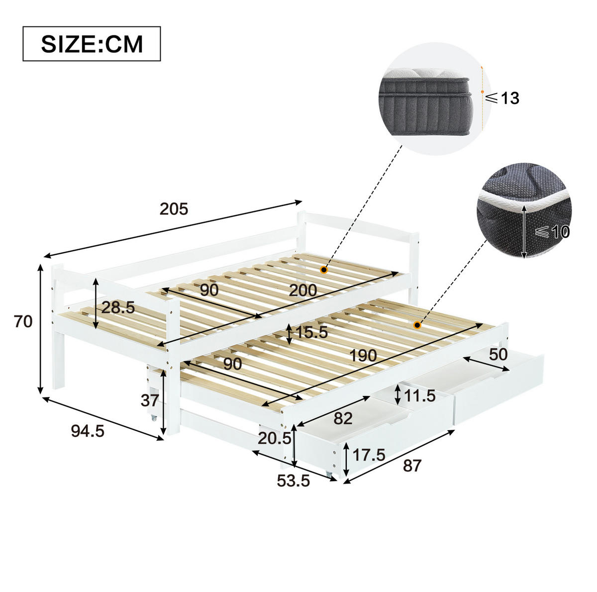 DNEVNI krevet 200/90 cm bijeli od masivnog drva i MDF-a s pomoćnim ležajem i 2 ladice - bijela, drvni materijal (90/200cm) - OKWISH