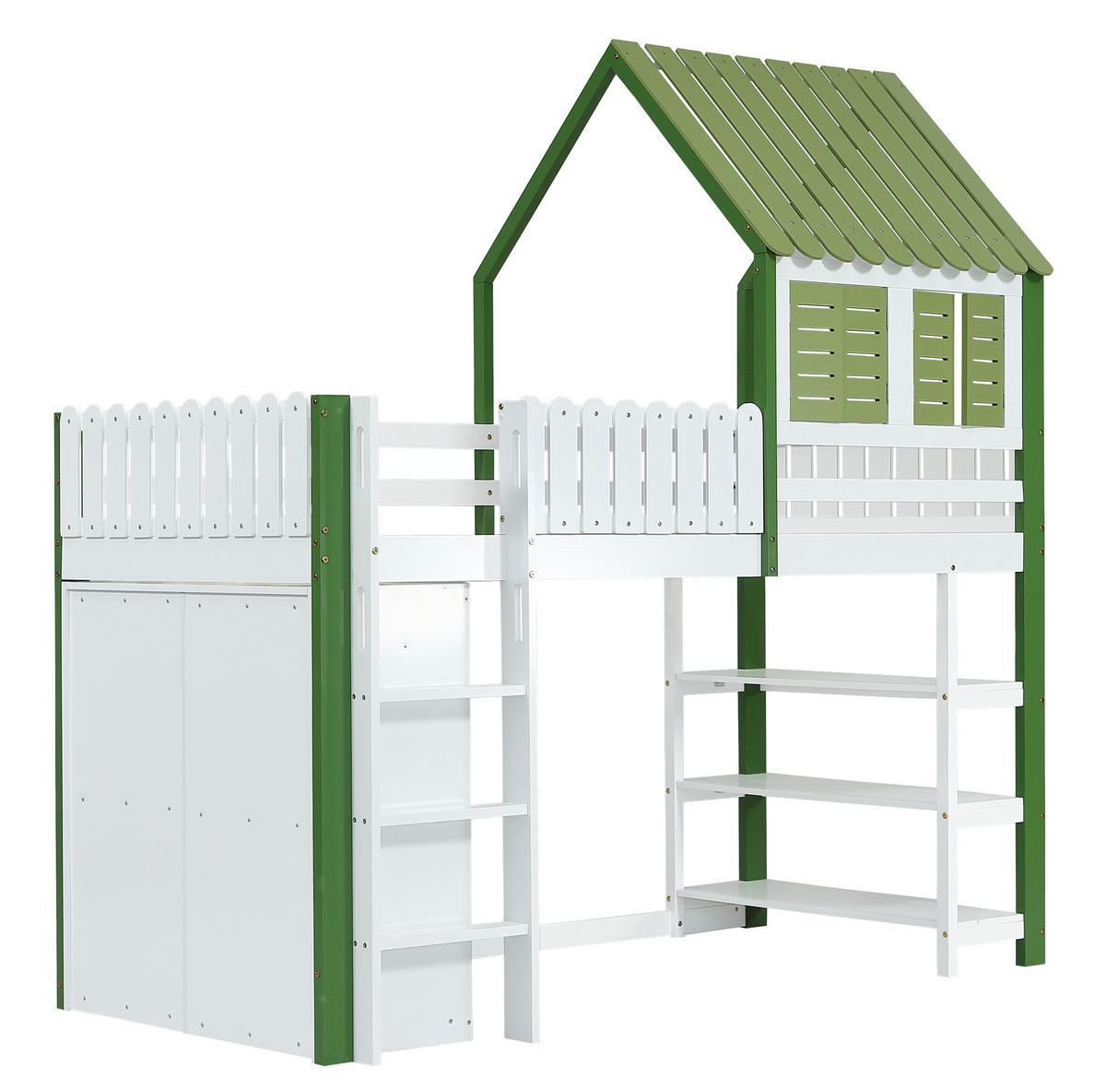 HOCHBETT 90/200 cm aus Kiefer/MDF mit Dach, Fenstern, Kleiderschrank und Regal, Weiß/Grün - Weiß, Holzwerkstoff (90/200cm) - Redom