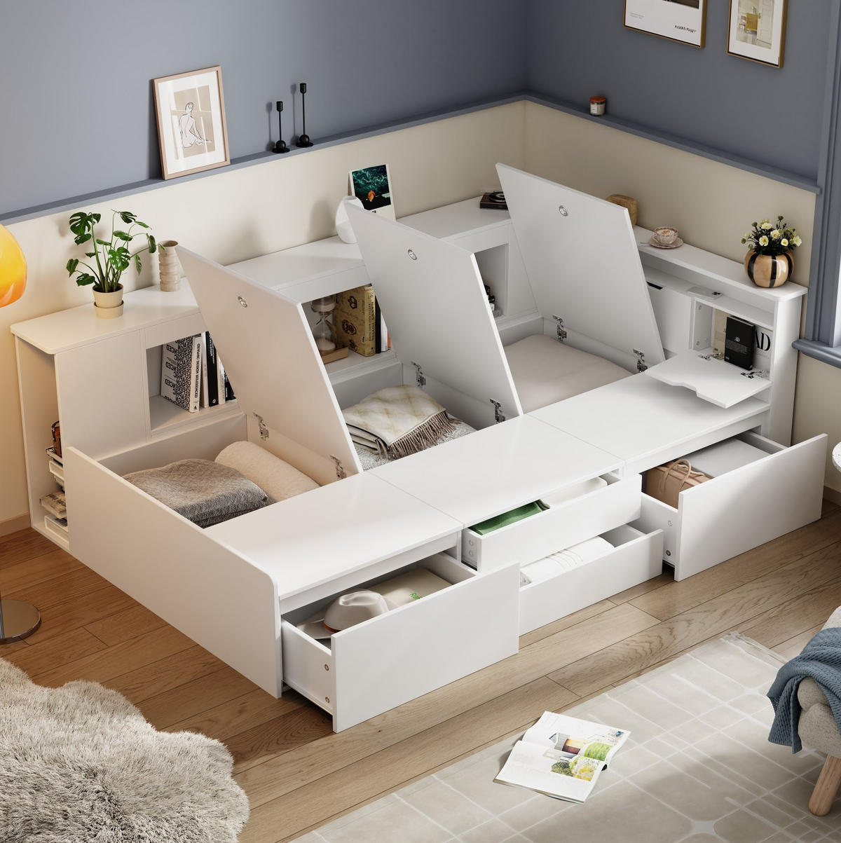 KINDERBETT 90/200 cm mit 4 Schubladen, Bücherregal und Stauraumschrank, Weiß - Weiß, Holzwerkstoff (90/200cm) - Redom