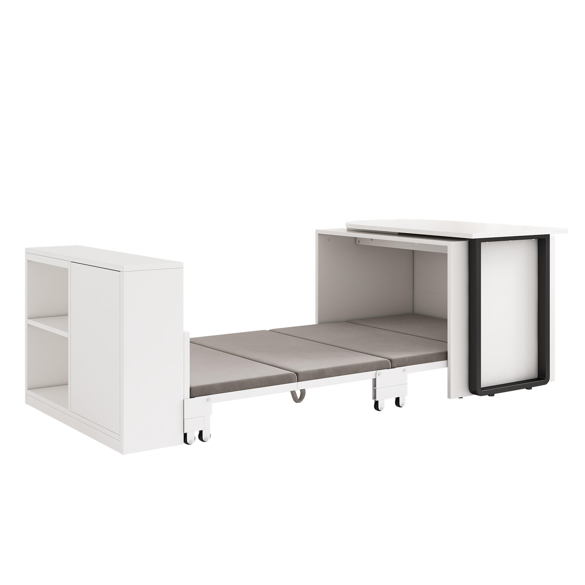 KLAPPBETT 90/200 cm DE-03465, 2-in-1 mit Schreibtisch, Schrank und Rollen, in Weiß - Weiß, Holzwerkstoff/Metall (90/200cm) - ComfortXL