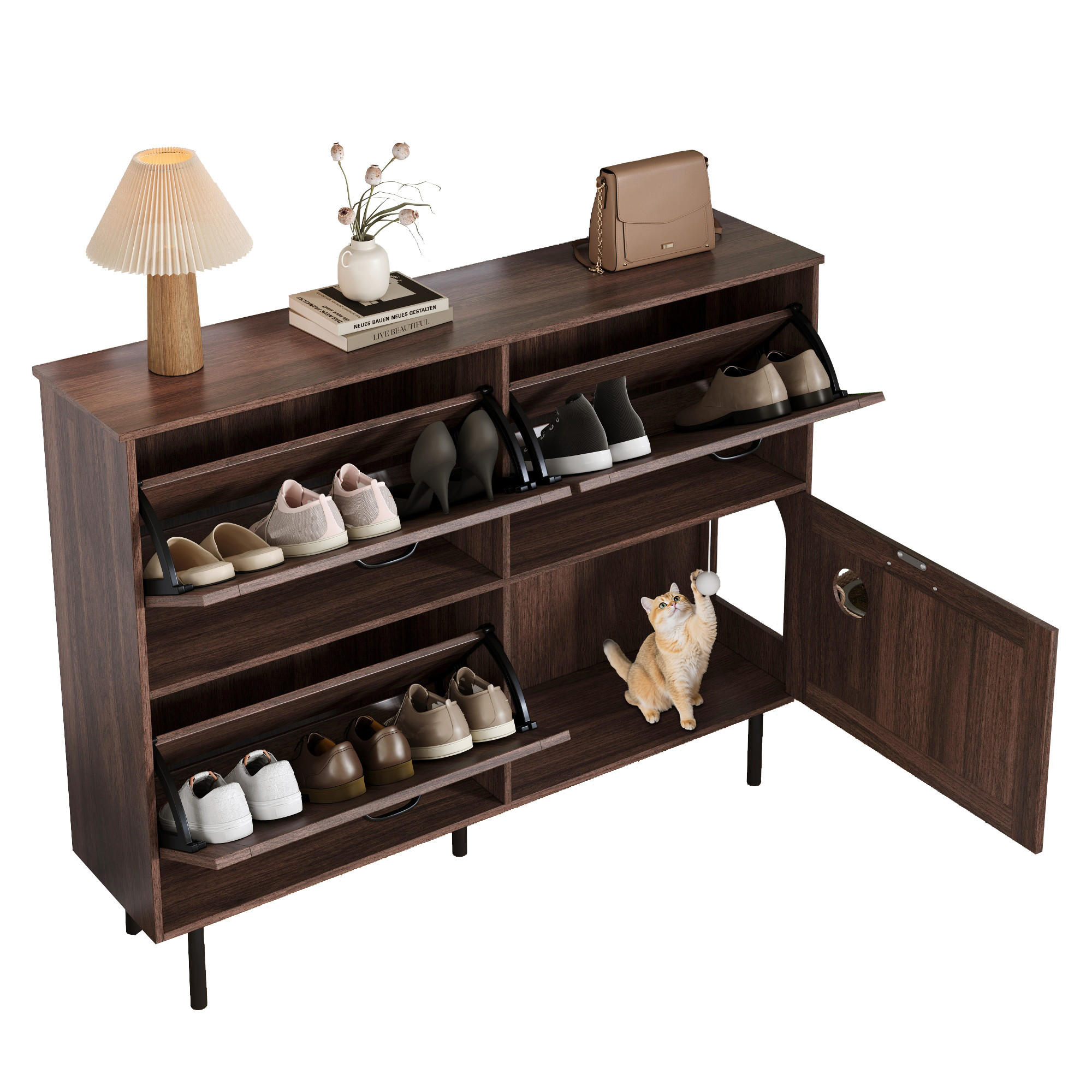 SCHUHSCHRANK aus Spanplatte 120x28x92cm in Walnussfarben mit Katzenspielzeug - Walnussfarben, Holzwerkstoff (120/92/28cm) - Modfu