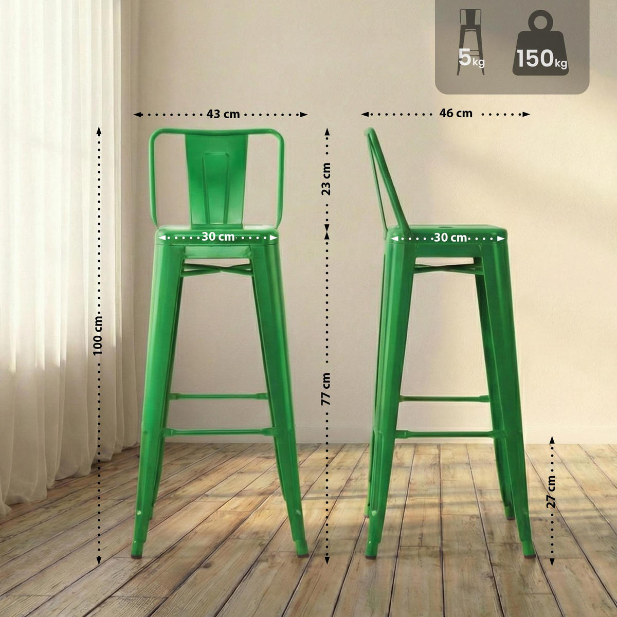 BARHOCKER 2er Set Metall Grün - Grün, Metall (44/96/43cm) - CLP