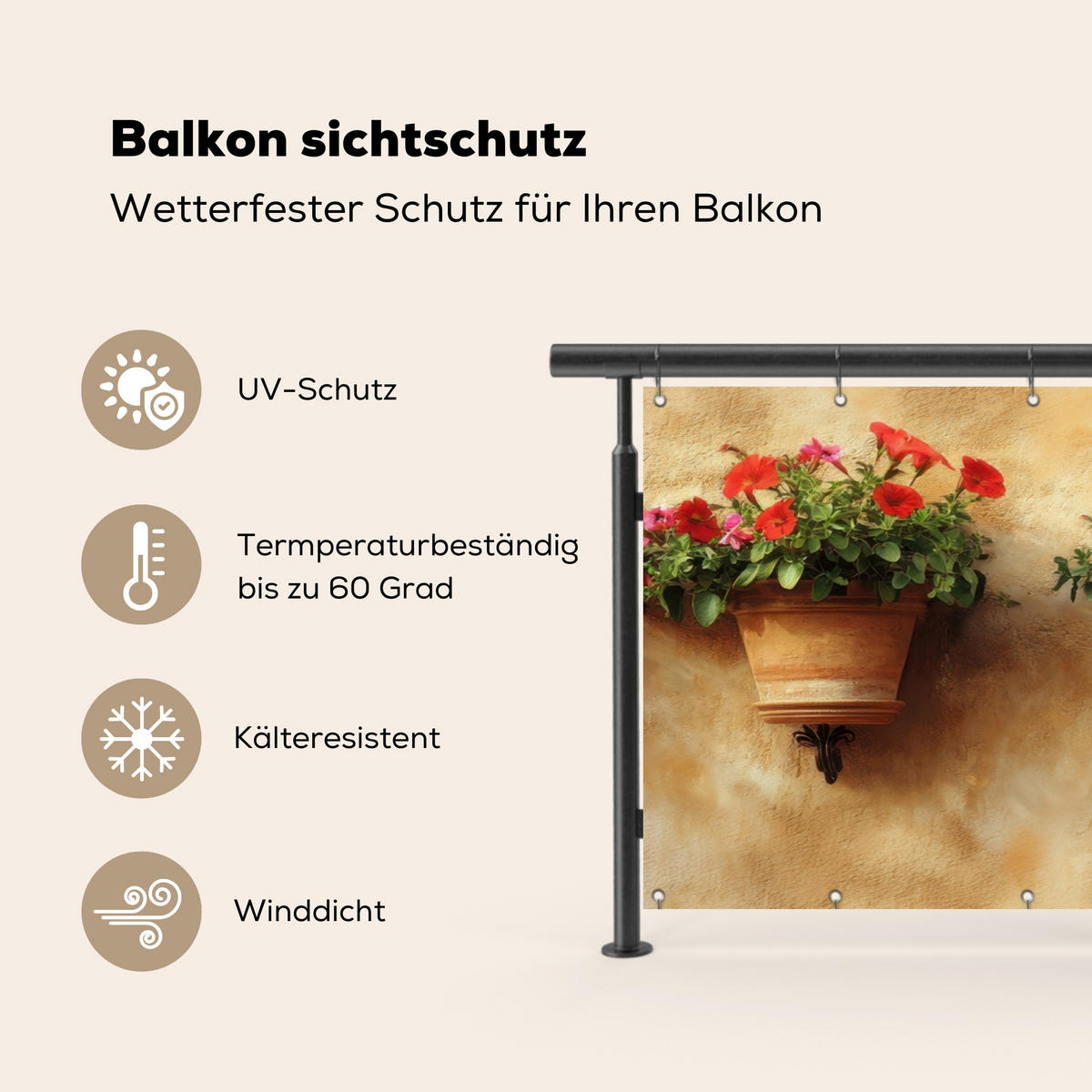 BALKON-SICHTSCHUTZ Blumentöpfe - Wand - Vintage - Terra cotta, Kunststoff (300/120cm) - MuchoWow