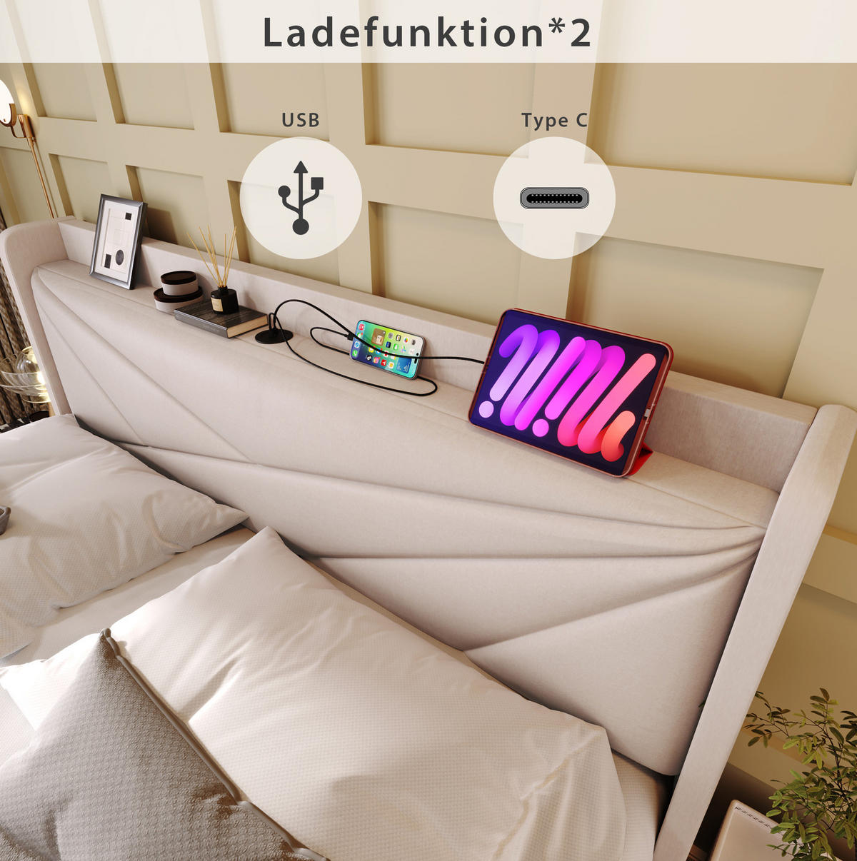 POLSTERBETT 90/200 cm Beige aus Baumwolle, Leinen und Metall mit Bettkasten und Ladefunktion - Beige, Textil (90/200cm) - OKMYHOME