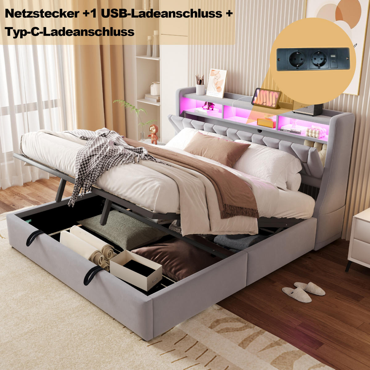 POLSTERBETT aus Samtstoff 180x200 cm Hellgrau mit LED-Beleuchtung, USB, Typ-C und hydraulischem Bettkasten - Hellgrau, Textil (180/200cm) - Modfu