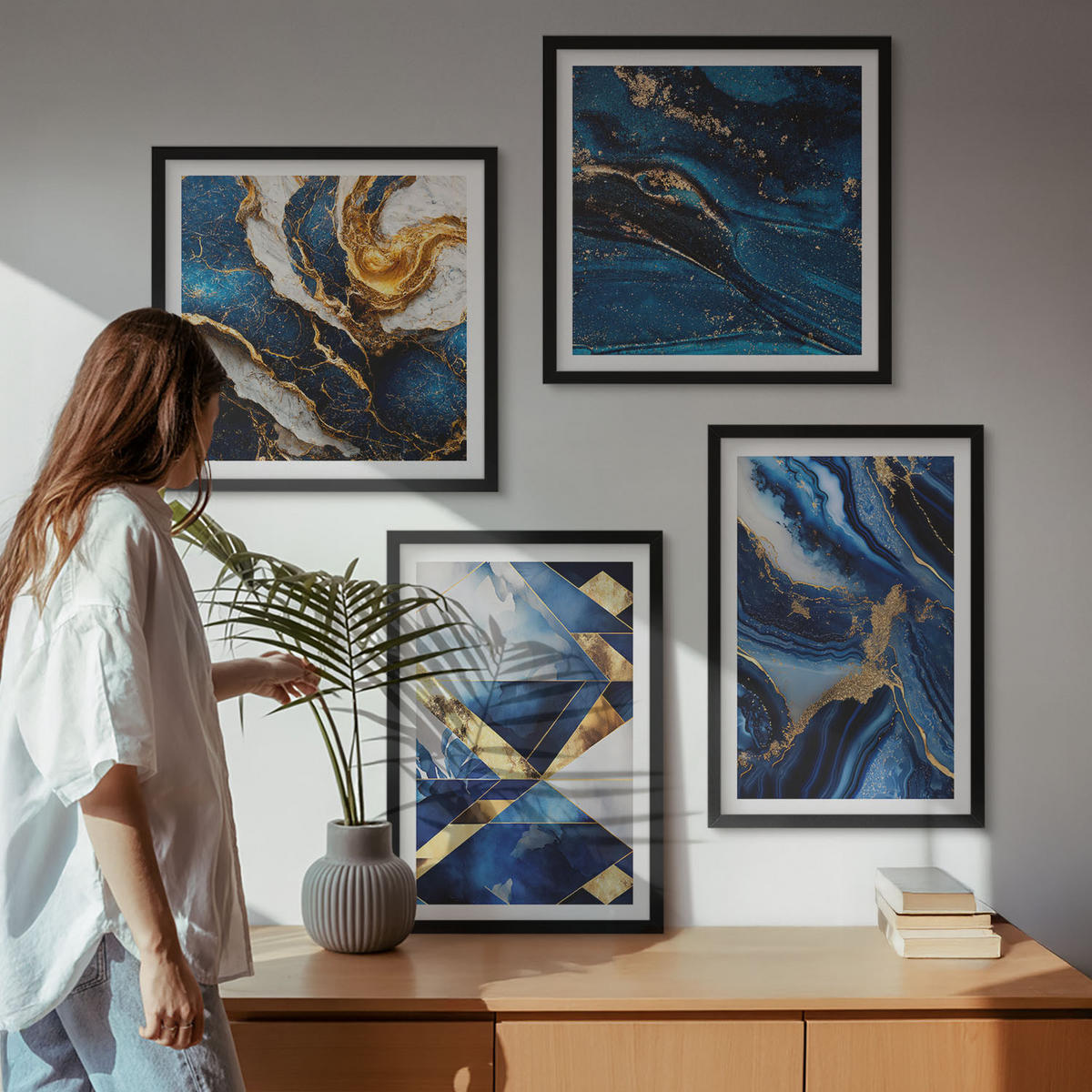 WANDBILDER 4er-Set - 50x50 cm & 40x60 cm Schwarzer Rahmen - Abstrakte, elegante Muster - Schwarz, Kunststoff (50/50cm) - ArtPrintCave