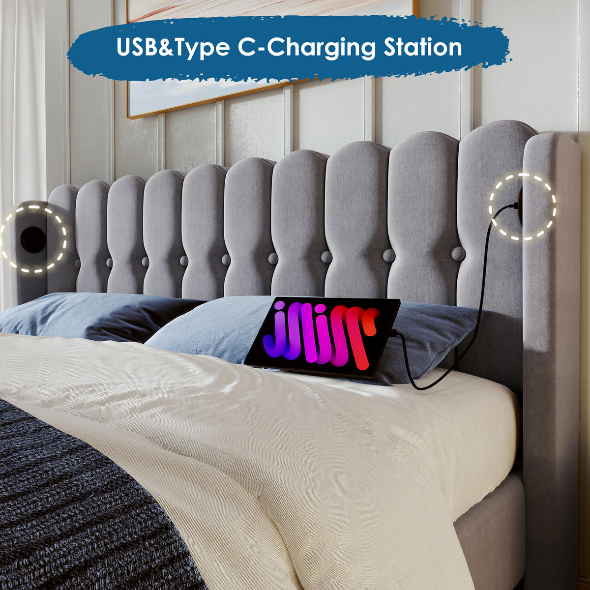 OBLAZINJENA postelja 140/200 cm z USB in USB-C polnilnima priključkoma, panelnim vzglavjem in ležiščem iz lanu, Siva - siva, tekstil (140/200cm) - Redom