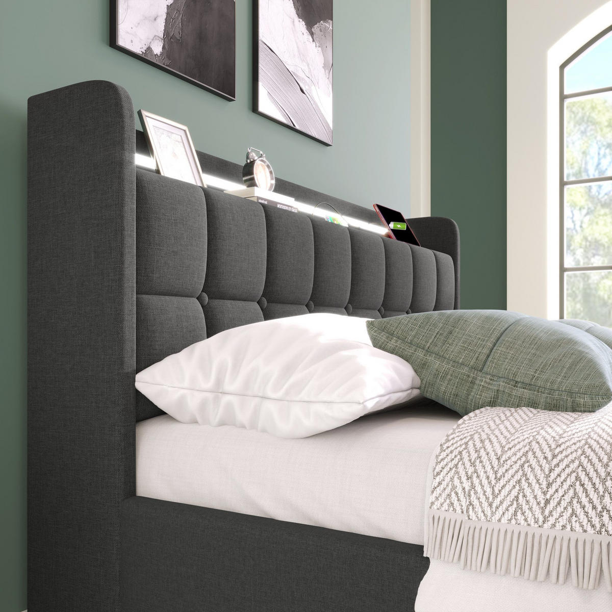 POLSTERBETT mit USB-Ladefunktion, Kopfteil und LED-Beleuchtung - Grau, Textil (180/200cm)