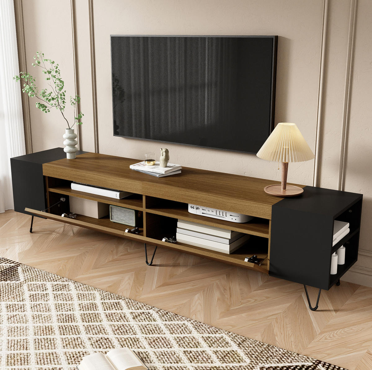 TV-SCHRANK in Schwarz und Holzoptik mit Türen 180/36/43 cm - Eichefarben, Holzwerkstoff (180/43/36cm) - Redom