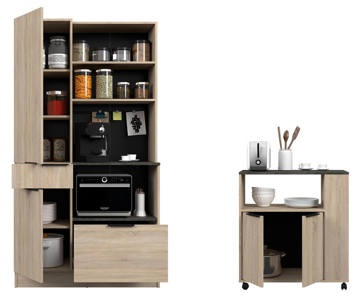 KÜCHENMÖBEL Fumay 1 in Eiche und Beton Optik 2teilig Küchenbuffet mit Beistellschrank - Braun, Holzwerkstoff (80/200/120cm)