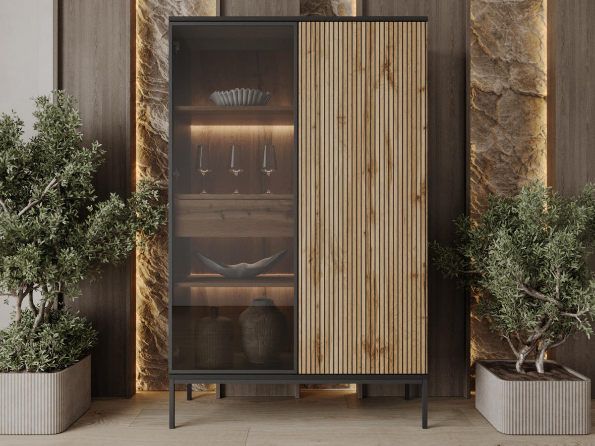 VITRINE Graphit, Wotan Eichefarben 104/166/39 cm Deo - Eiche Wotan/Schwarz, Naturmaterialien/Glas (104/166/39cm) - Graingold