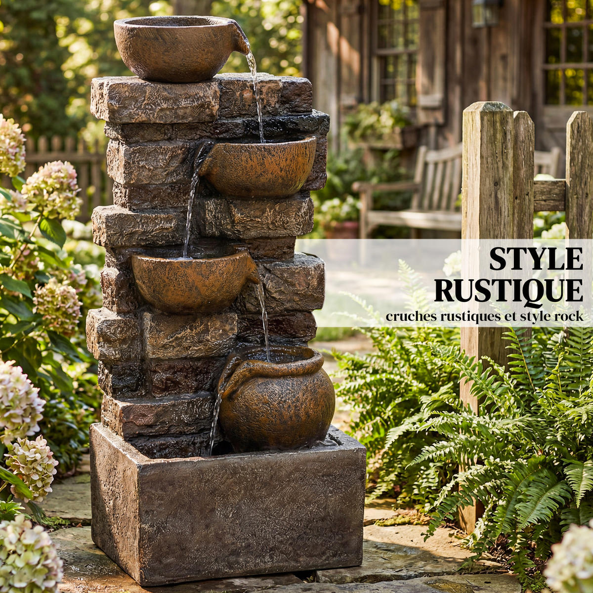 GARTENBRUNNEN DE-18871 5-stufige Kaskade mit Krügen & LED Rustikales Braun - Multicolor, Kunststoff (31/25.5/72cm) - ComfortXL