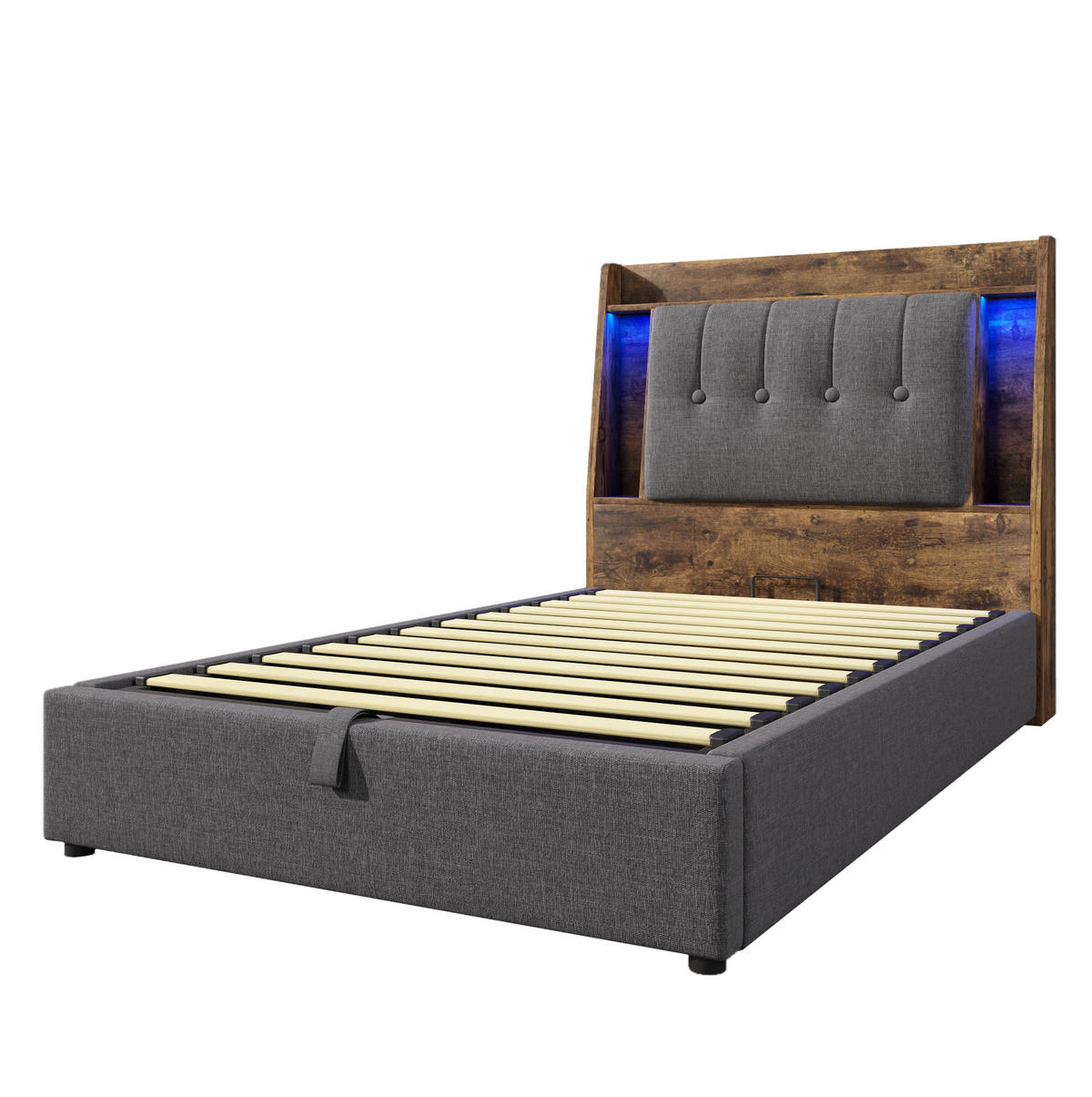 POLSTERBETT mit Stauraum, USB und LED 90x200 cm Leinen Grau - Grau, Metall (90/200cm) - Meubliv