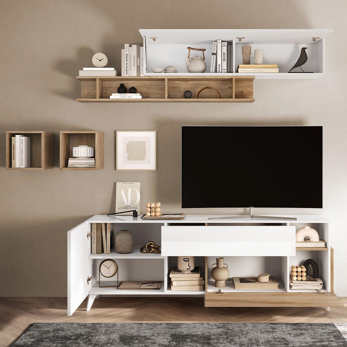 TV-MÖBEL mit 2 Türen, 1 Schublade und 2 Nischen - Mala - 181/43/67 cm - Beige, Holzwerkstoff (43/67/181cm) - Calicosy