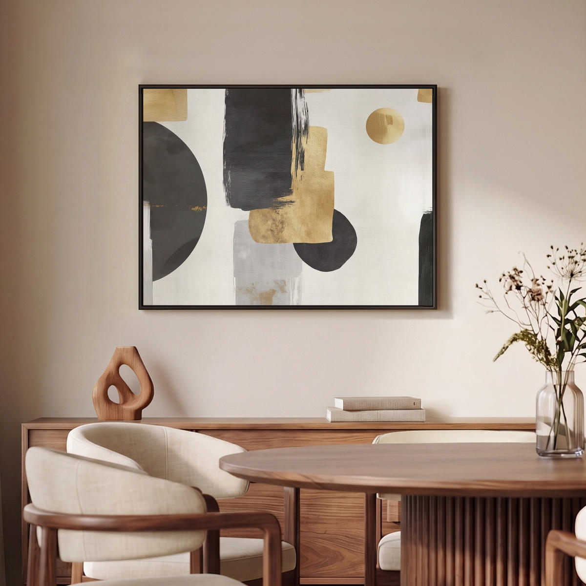LEINWAND Bilder mit Rahmen - Gold - Rechtecke - Kreise - Abstrakt - 70x50 - Weiß, Textil (70/50cm) - MuchoWow