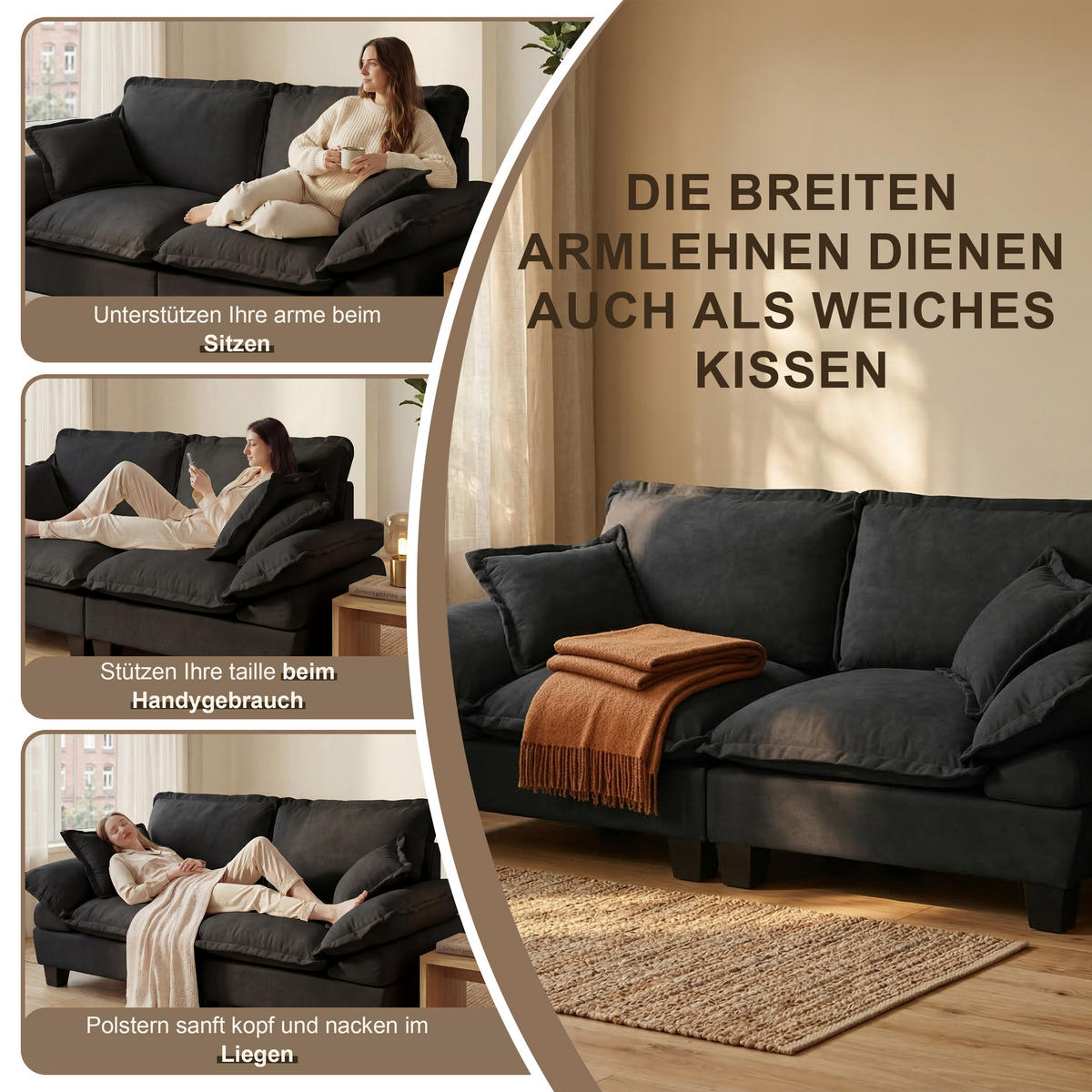 ECKSOFA 263/151/90 cm schwarz aus Chenille mit Ottomane - Schwarz, Textil (151/263cm) - OKWISH