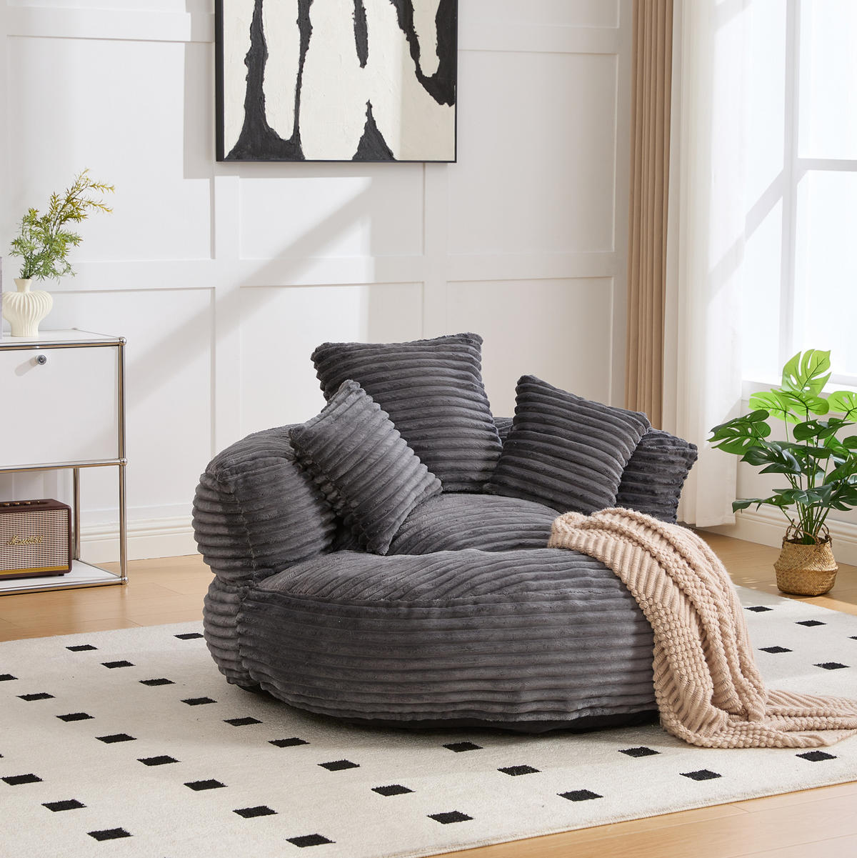 SITZSACK mit Rückenlehne und Armlehnen 108 x 108 cm Cord dunkelgrau - Dunkelgrau, Textil (108/52/108cm) - Meubliv