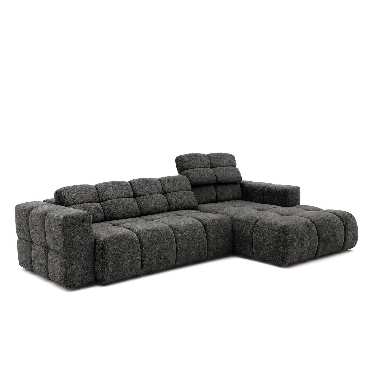 ECKSOFA TENDER Rechts mit Schlaffunktion und Verstellbare Kopfstützen, Chenille dunkelgrau - Dunkelgrau/Schwarz, Holz/Kunststoff (176/315cm) - Muffo