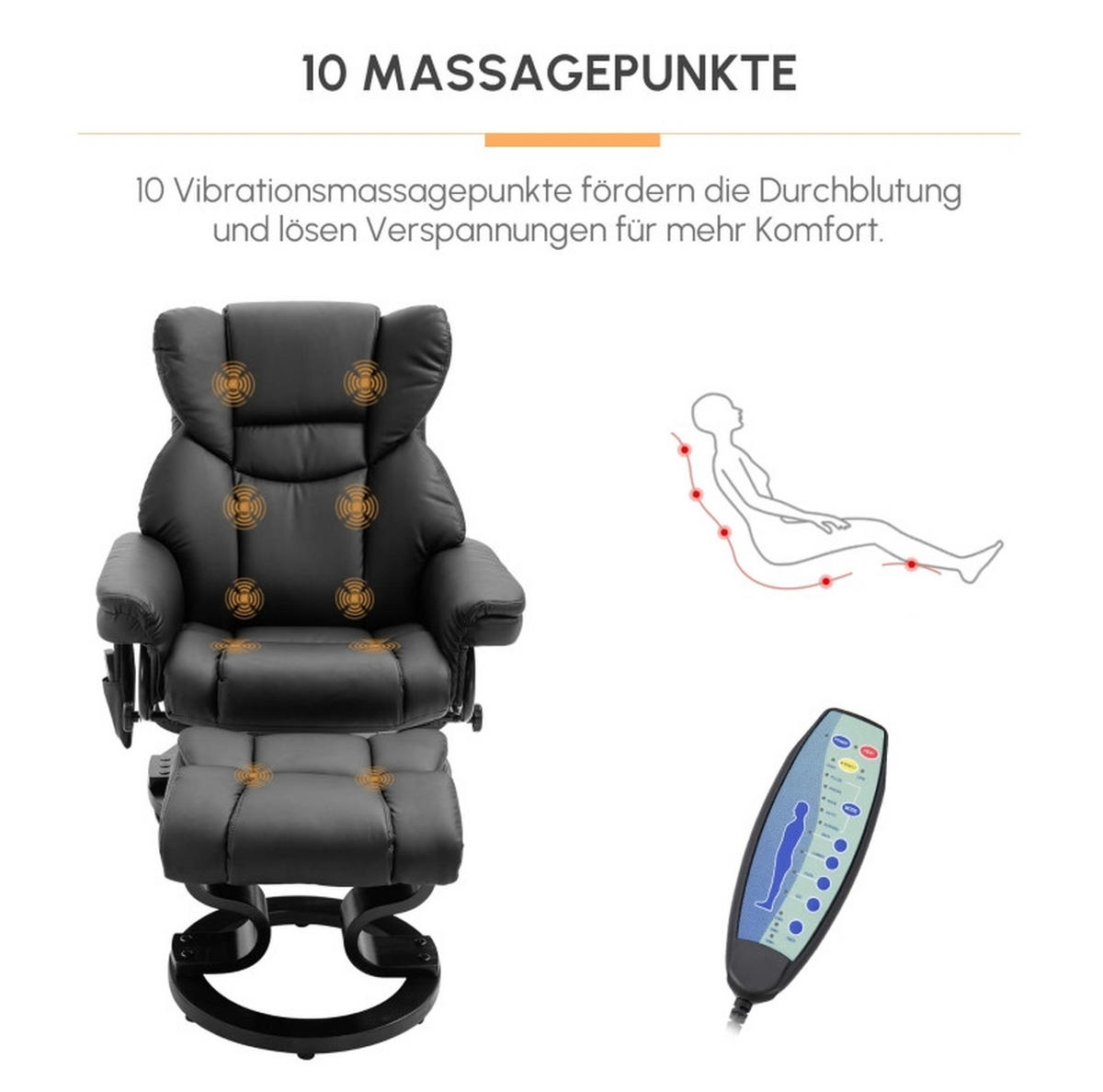RELAXSESSEL 79/82/101 cm in Schwarz mit Massagefunktion und Hocker - Schwarz, Kunststoff (82/101/79cm) - Flora Grace
