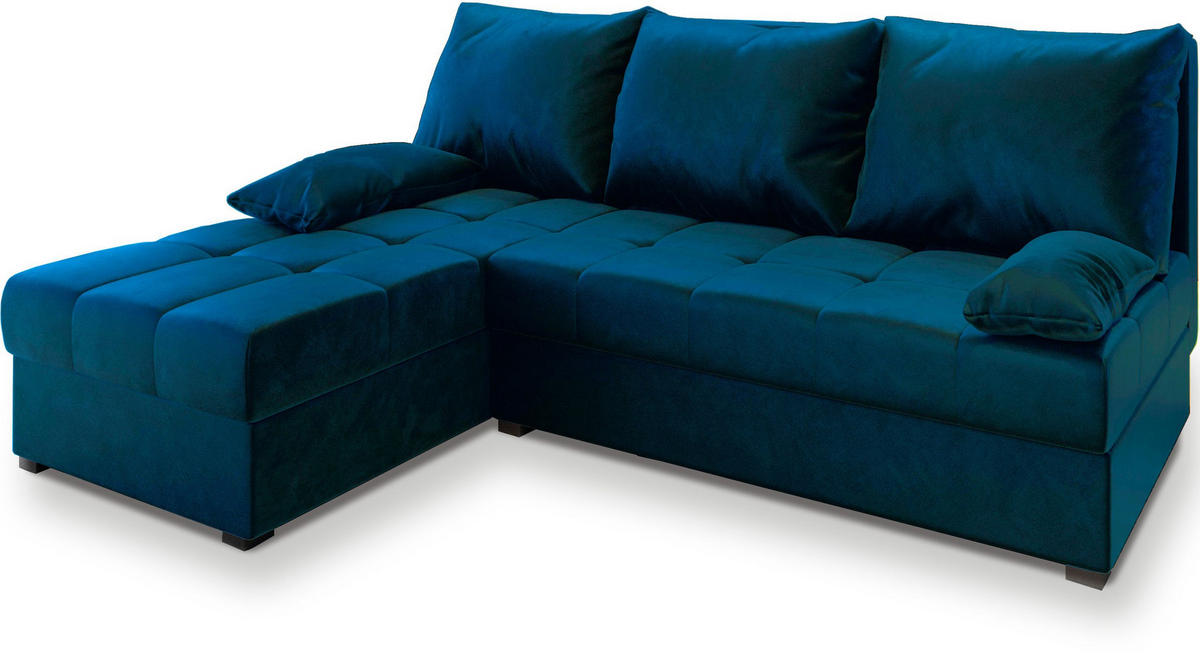 ECKSOFA RITA Blau Plüsch-Stoff mit Schlaffunktion - Blau, Holz (200/141cm) - MASSENO