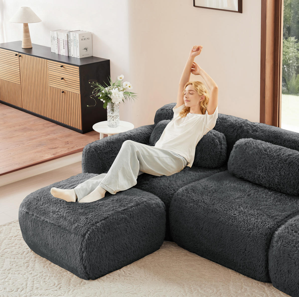 ECKSOFA 291/179/73 cm grau aus Plüschstoff modular in U-Form ohne Montage - Grau, Textil (179/291cm) - OKWISH