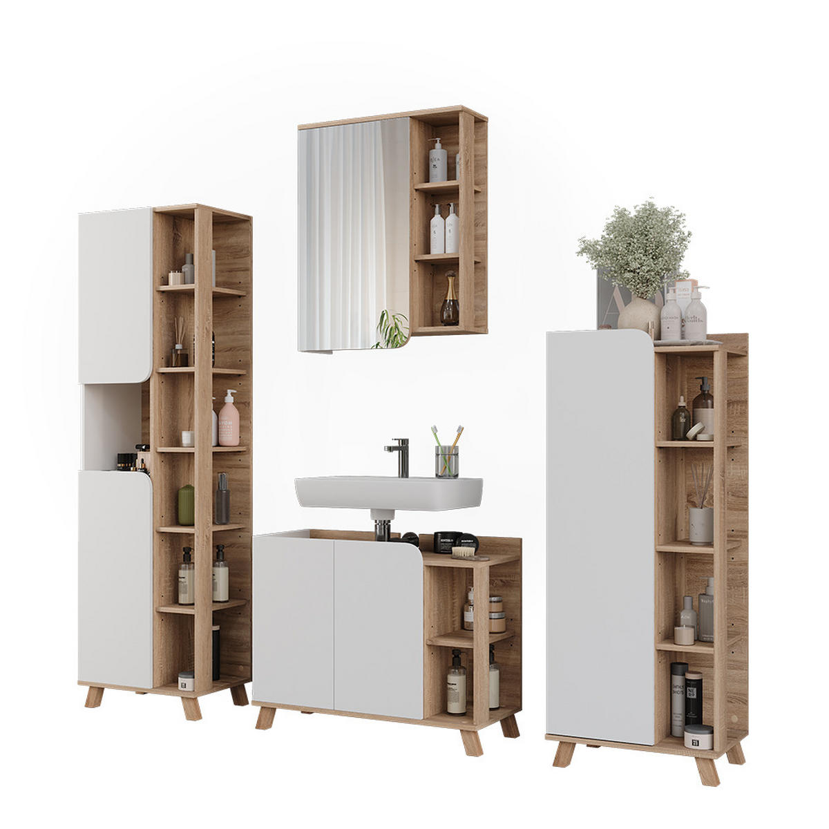 BADMÖBEL-SET Karen Sonoma/Weiß 4 Teile - Weiß/Sonoma Eiche, Holzwerkstoff (80/65/35cm) - Vicco