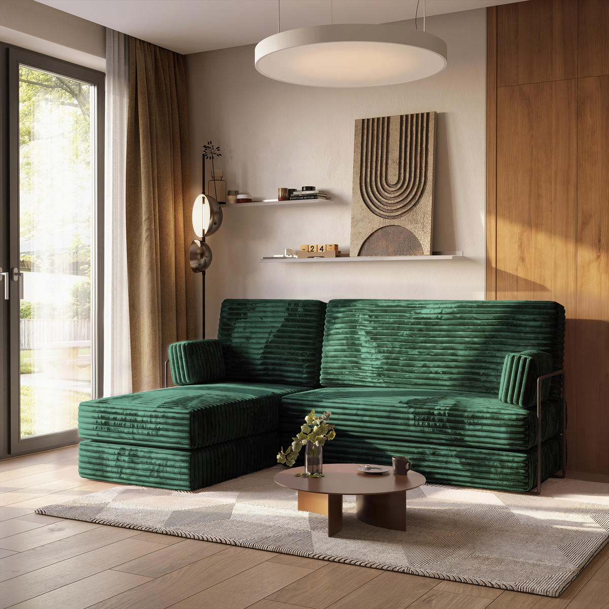 ROHOVÁ SEDAČKA NOTIA modulární Boneless pohovka s funkcí spaní, tmavě zelená TILIA 39 - zelená barva, textil (200/120cm) - MASSENO
