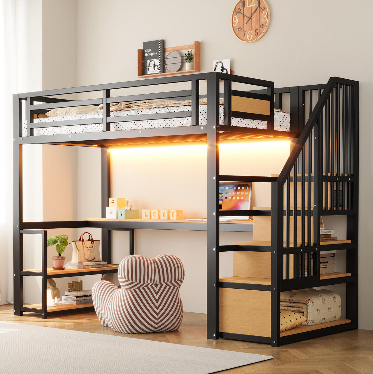 HOCHBETT 90/200 cm aus MDF und Metall mit Stauraumtreppe, Regal und Tisch Schwarz - Schwarz, Metall (90/200cm) - Modenvie