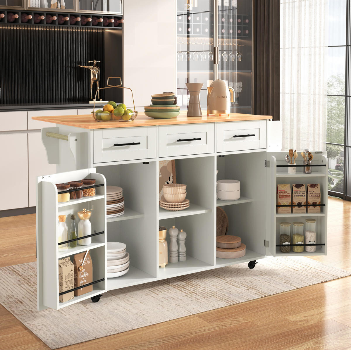KÜCHENINSEL 139/46(71)/91,5 cm aus MDF mit klappbarer Arbeitsplatte und wechselbaren Füßen Weiß - Weiß, Holzwerkstoff (139/91.5/46cm) - Modenvie