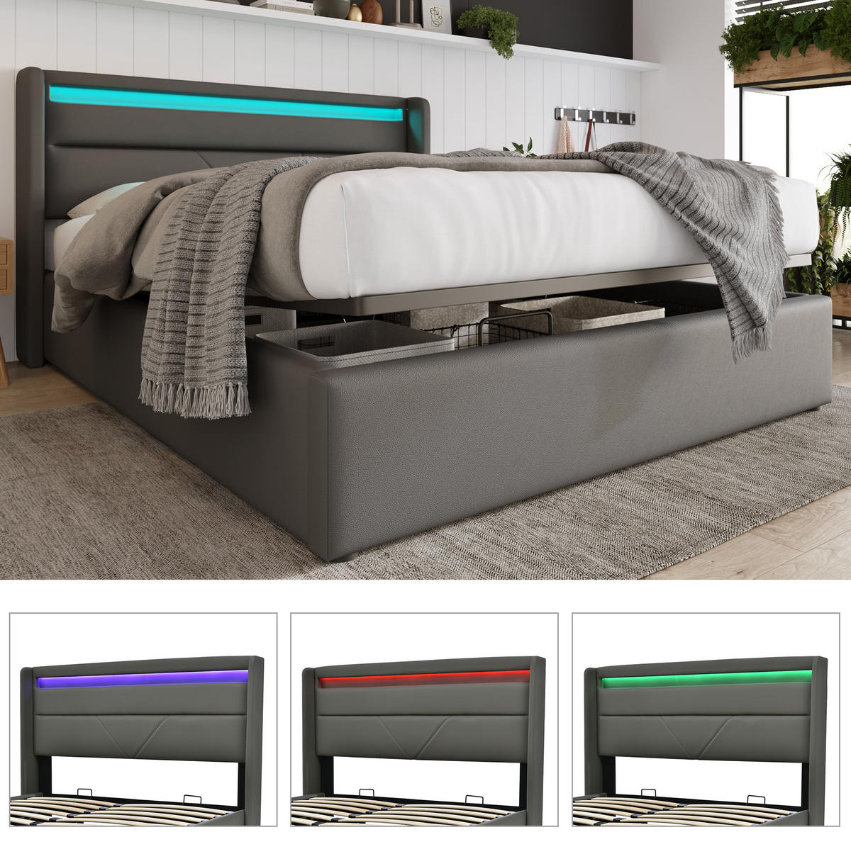 POLSTERBETT mit Bettkasten und LED 140x200 cm PU Grau inklusive Matratze - Grau, Metall (140/200cm) - Meubliv