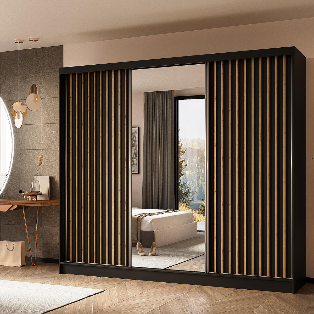 SCHWEBETÜRENSCHRANK LAMELLO 240/216/61 cm 3-türig mit Spiegel Schwarz - Schwarz, Holzwerkstoff (240/216/61cm) - MASSENO