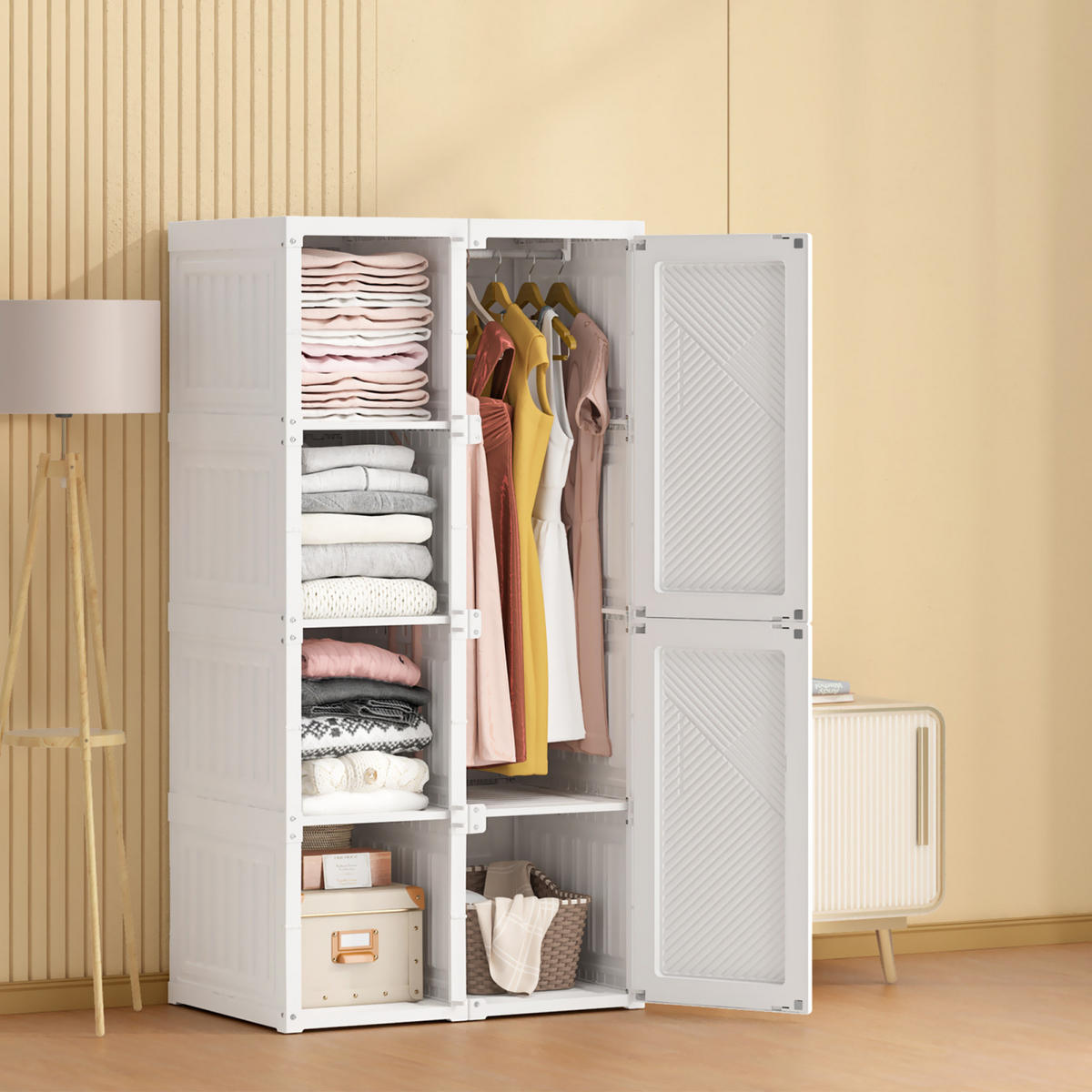 KLEIDERSCHRANK, mit 6 Tür, magnetverschluss und 1 Kleiderstange, Weiß - Weiß, Metall (50/136/69cm)