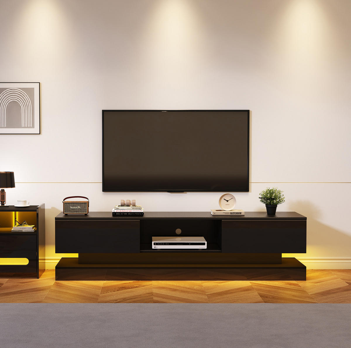TV-SCHRANK 160/35/40,5 cm schwarz Hochglanz mit LED-Beleuchtung 2 Schubladen Anti-Kipp-Design - Schwarz, Holzwerkstoff (160/40.5/35cm) - OKWISH