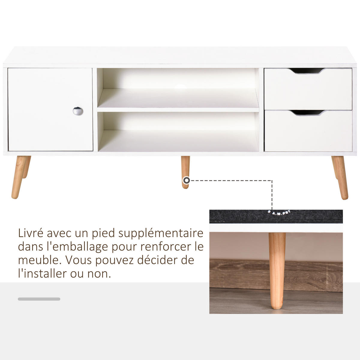 LOWBOARD DE-16075 mit Schrank, 2 Nischen & 2 Schubladen Weiß/Kiefer - Weiß, Holzwerkstoff (120/44/28cm) - ComfortXL